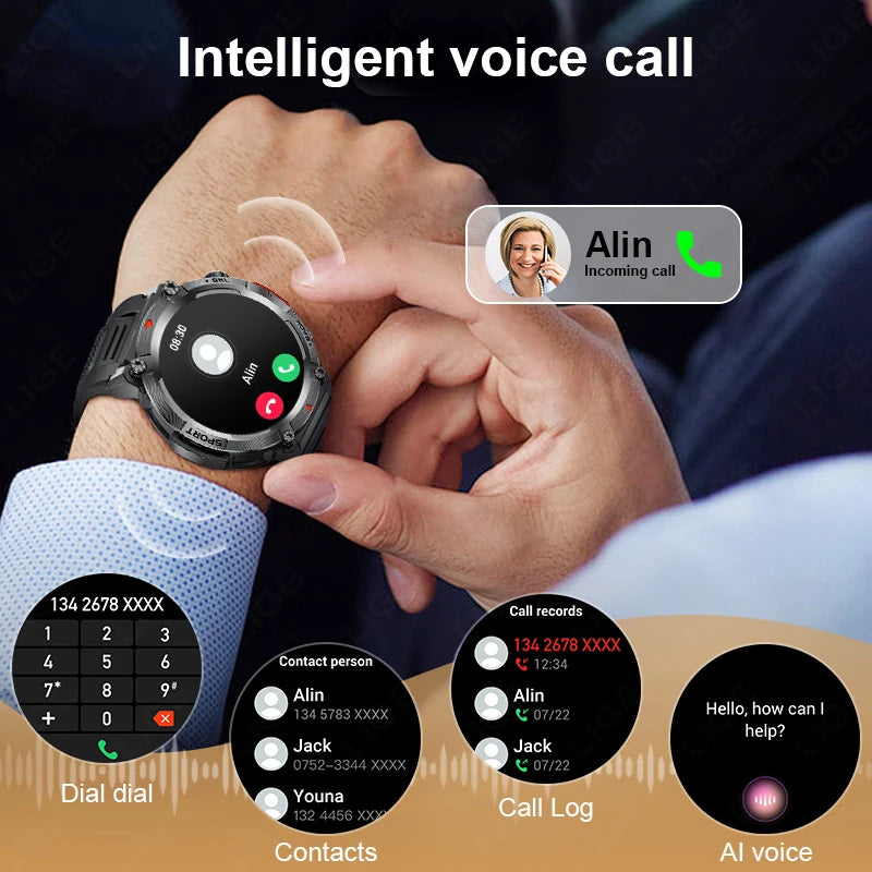 LIGE Flashlight Smartwatch – Outdoor Sports Watch with BP Monitor & BT Call