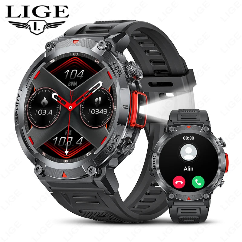 LIGE Flashlight Smartwatch – Outdoor Sports Watch with BP Monitor & BT Call