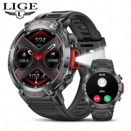 LIGE Flashlight Smartwatch – Outdoor Sports Watch with BP Monitor & BT Call
