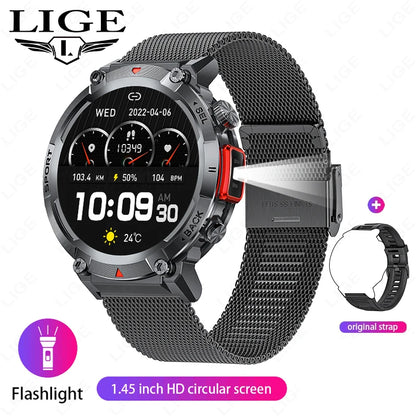 LIGE Flashlight Smartwatch – Outdoor Sports Watch with BP Monitor & BT Call