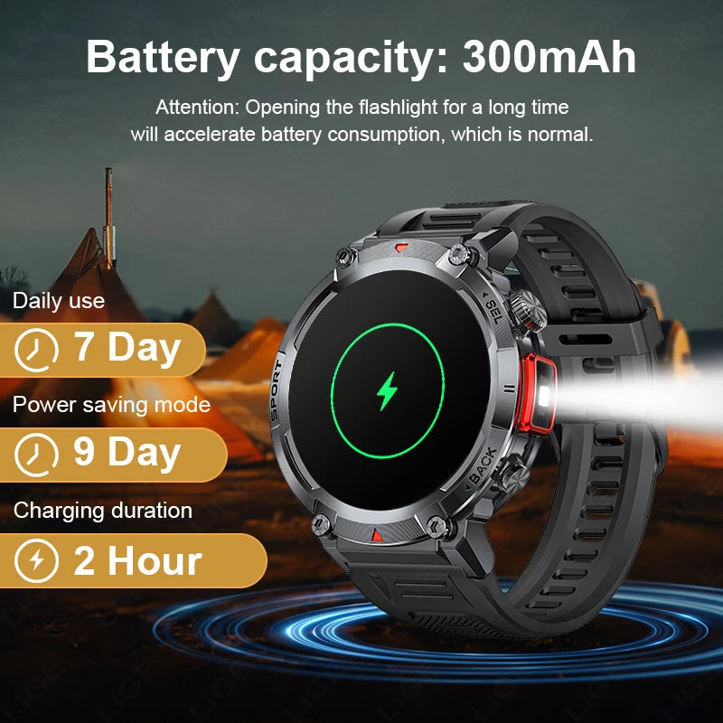 LIGE Flashlight Smartwatch – Outdoor Sports Watch with BP Monitor & BT Call