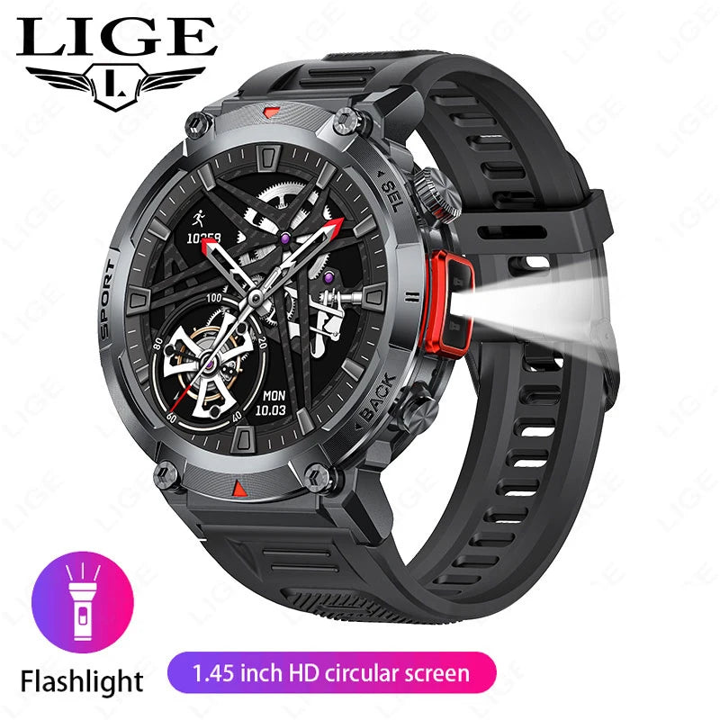 LIGE Flashlight Smartwatch – Outdoor Sports Watch with BP Monitor & BT Call