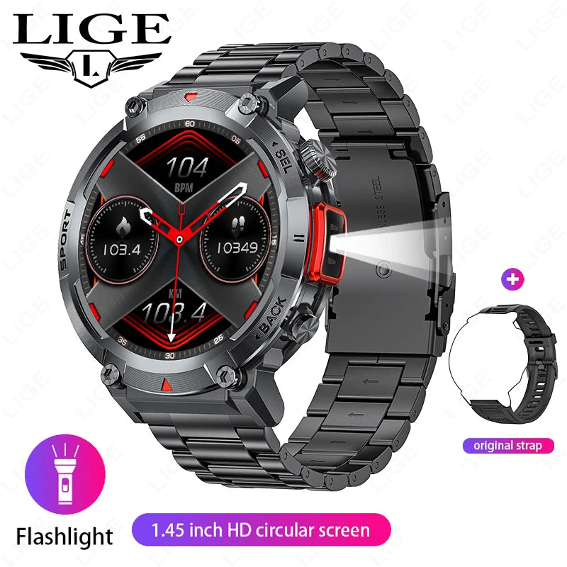 LIGE Flashlight Smartwatch – Outdoor Sports Watch with BP Monitor & BT Call